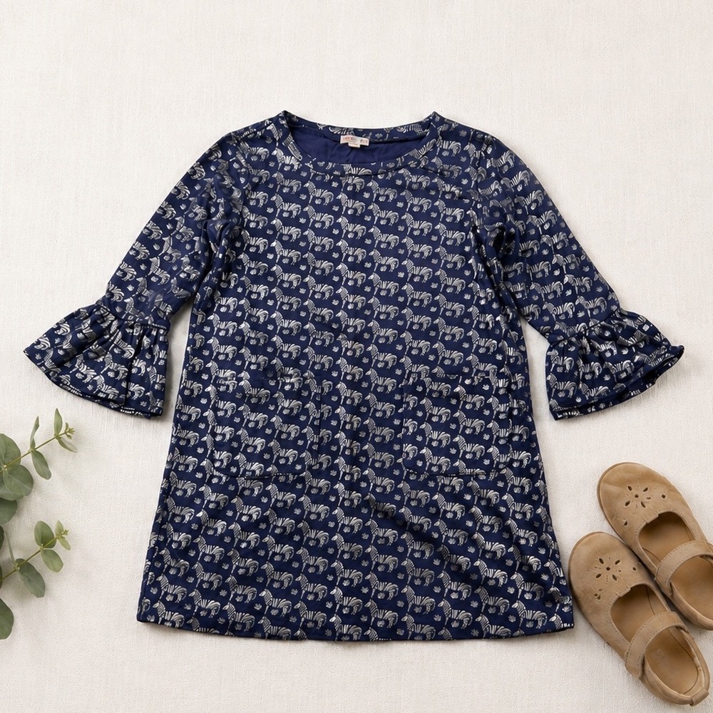 Crewcuts Girls Navy Silver Metallic‎ Zebra Ruffle Sleeve Dress Size 8 Everyday